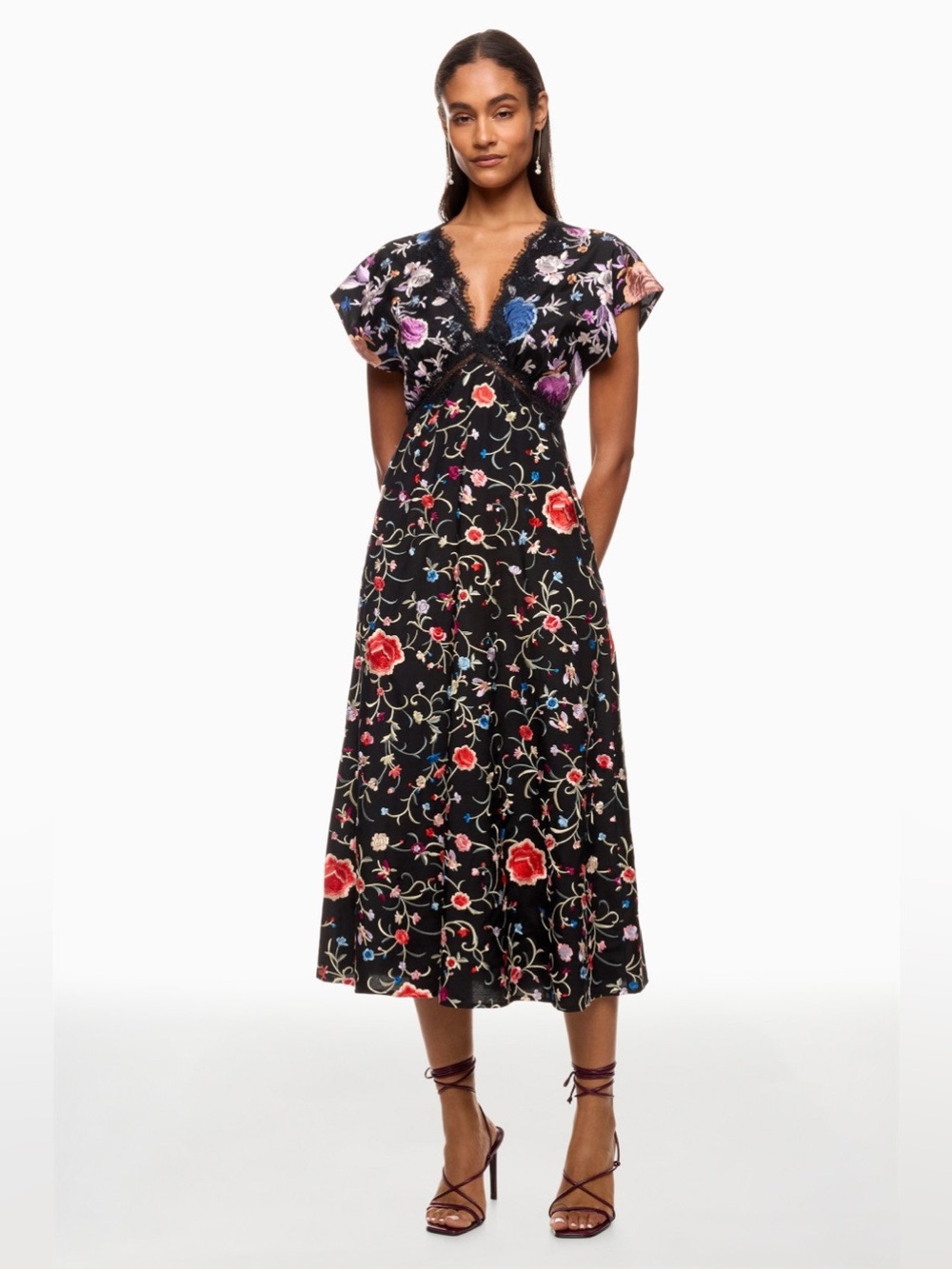 Sea New York Priscilla V-Neck Floral Embroidered MIDI Dress in black.